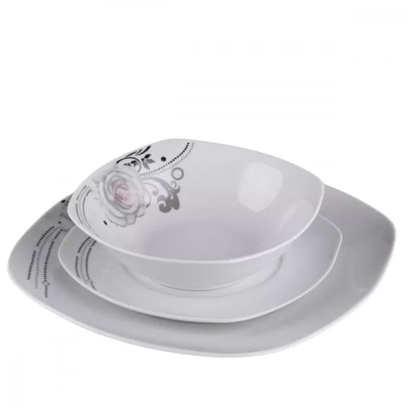 PRIMA DECO Komplet obiadowy 18 el dla 6 os SZARA RÓŻA / kwadratowy / porcelana