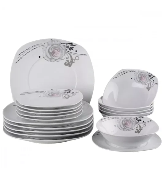 PRIMA DECO Komplet obiadowy 18 el dla 6 os SZARA RÓŻA / kwadratowy / porcelana