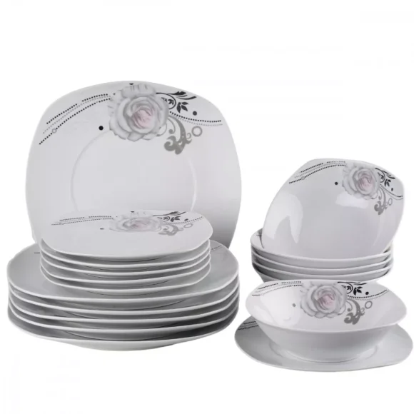 PRIMA DECO Komplet obiadowy 18 el dla 6 os SZARA RÓŻA / kwadratowy / porcelana