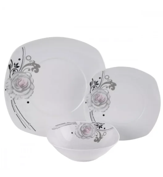 PRIMA DECO Komplet obiadowy 18 el dla 6 os SZARA RÓŻA / kwadratowy / porcelana