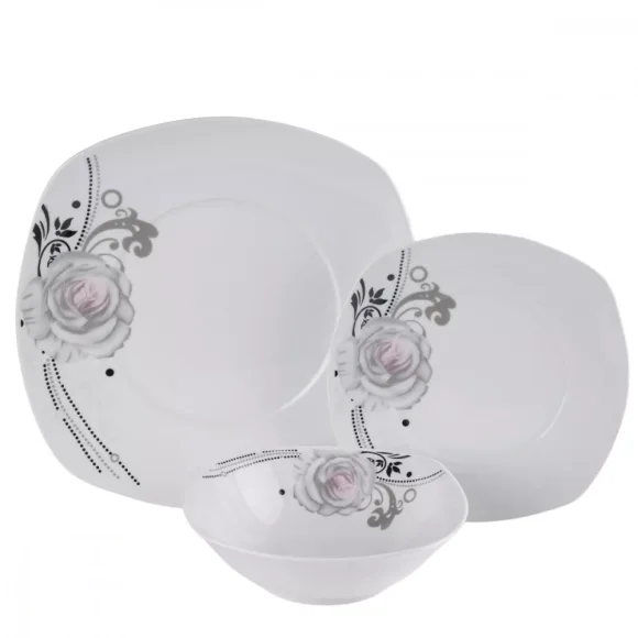 PRIMA DECO Komplet obiadowy 18 el dla 6 os SZARA RÓŻA / kwadratowy / porcelana