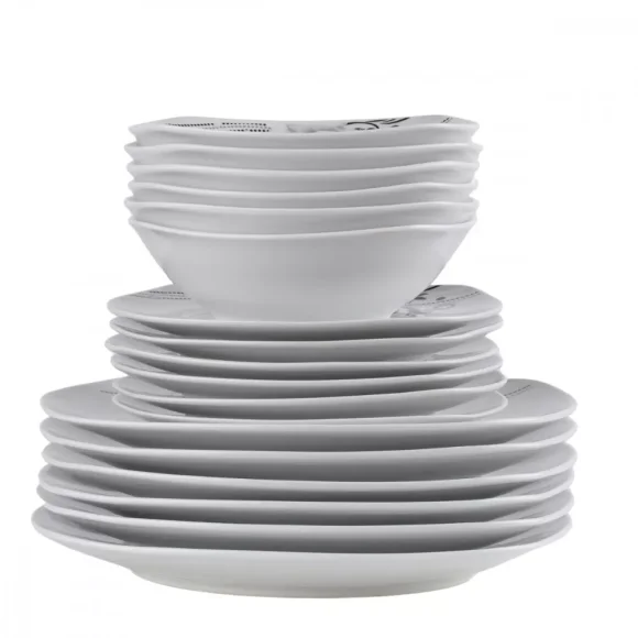 PRIMA DECO Komplet obiadowy 18 el dla 6 os SZARA RÓŻA / kwadratowy / porcelana