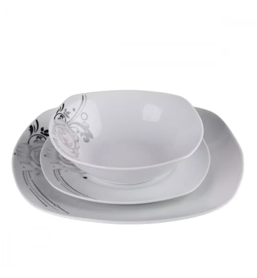 PRIMA DECO Komplet obiadowy 18 el dla 6 os SZARA RÓŻA / kwadratowy / porcelana