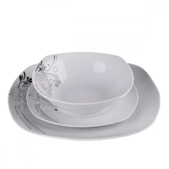 PRIMA DECO Komplet obiadowy 18 el dla 6 os SZARA RÓŻA / kwadratowy / porcelana