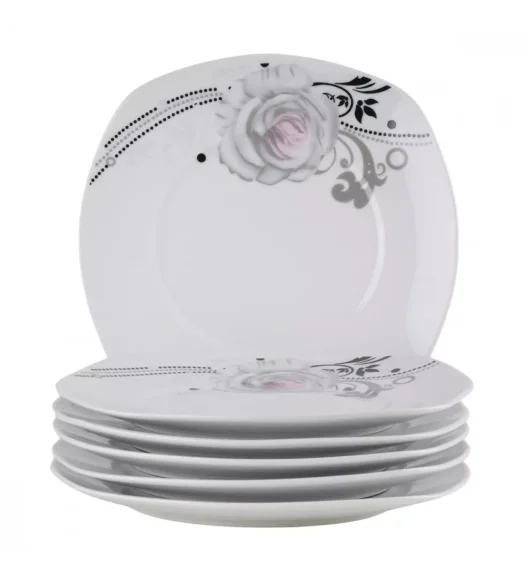 PRIMA DECO Komplet obiadowy 18 el dla 6 os SZARA RÓŻA / kwadratowy / porcelana