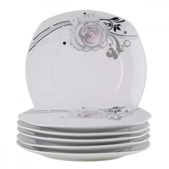 PRIMA DECO Komplet obiadowy 18 el dla 6 os SZARA RÓŻA / kwadratowy / porcelana