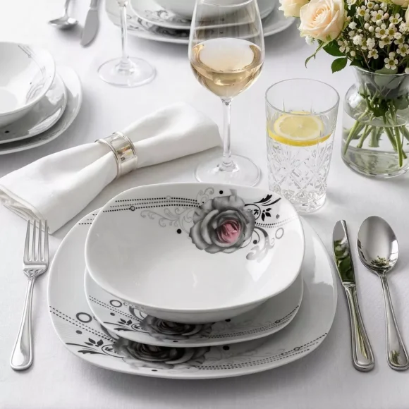 PRIMA DECO Komplet obiadowy 18 el dla 6 os SZARA RÓŻA / kwadratowy / porcelana