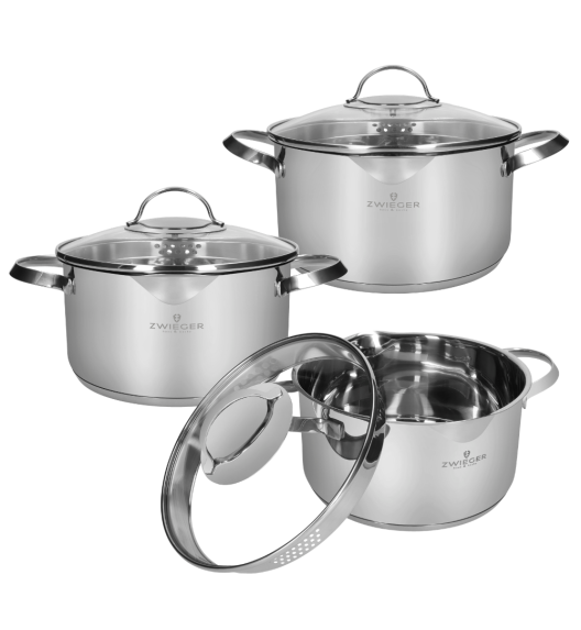 ZWIEGER VERON Komplet garnków 6 el z pokrywkami 20, 22, 24 cm + Patelnie 20, 24, 28 cm + Pokrywki szklane