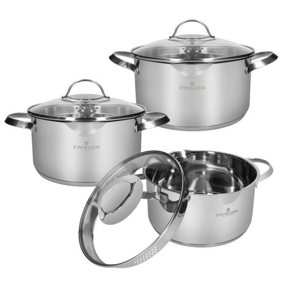 ZWIEGER VERON Komplet garnków 6 el z pokrywkami 20, 22, 24 cm + Patelnie 20, 24, 28 cm + Pokrywki szklane