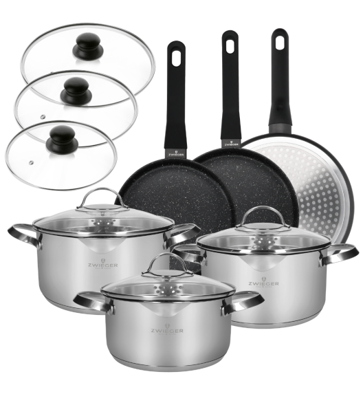 ZWIEGER VERON Komplet garnków 6 el z pokrywkami 20, 22, 24 cm + Patelnie 20, 24, 28 cm + Pokrywki szklane