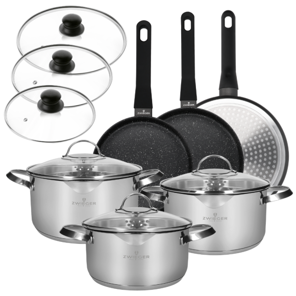 ZWIEGER VERON Komplet garnków 6 el z pokrywkami 20, 22, 24 cm + Patelnie 20, 24, 28 cm + Pokrywki szklane