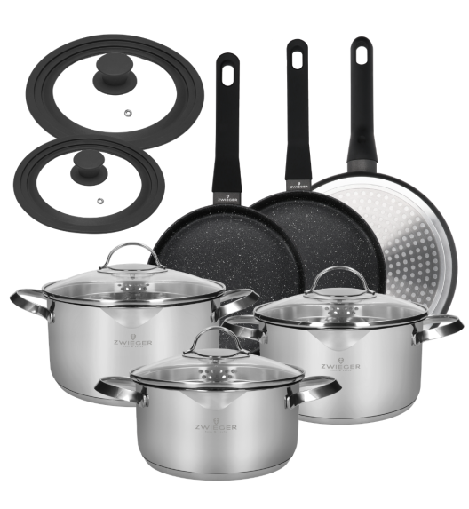 ZWIEGER VERON Komplet garnków 6 el z pokrywkami 20, 22, 24 cm + Patelnie 20, 24, 28 cm + Pokrywki uniwersalne