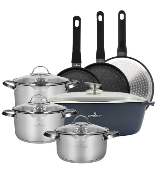 ZWIEGER VERON Komplet garnków 6 el z pokrywkami 20, 22, 24 cm + Patelnie 20, 24, 28 cm + Brytfanna 32 cm