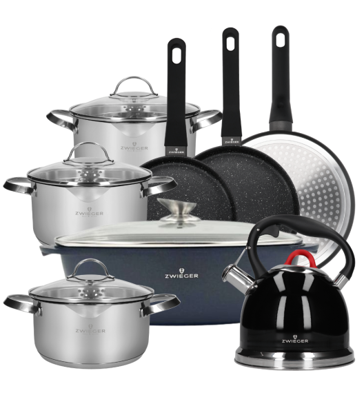 ZWIEGER VERON Komplet garnków 6 el z pokrywkami 20, 22, 24 cm + Patelnie 20, 24, 28 cm + Brytfanna 32 cm + Czajnik 2,5 L