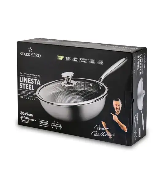 STARKE PRO LINESTA STEEL WOK 30X9 CM Z POKRYWKĄ SREBRNY NIERDZEWNY