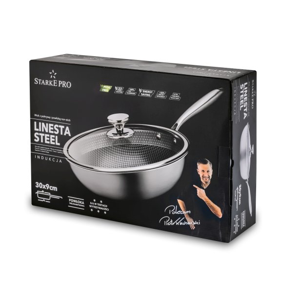 STARKE PRO LINESTA STEEL WOK 30X9 CM Z POKRYWKĄ SREBRNY NIERDZEWNY