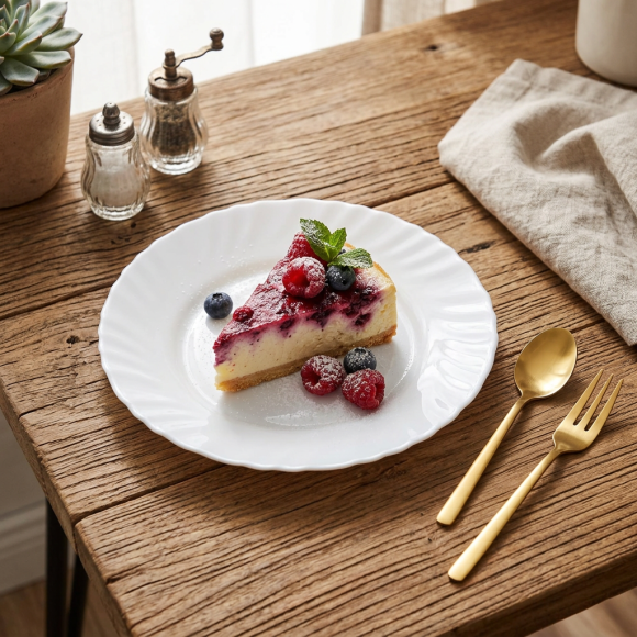 PRIMA DECO CARBO Talerz deserowy 15 cm / biały / karbowany rant / szkło hartowane