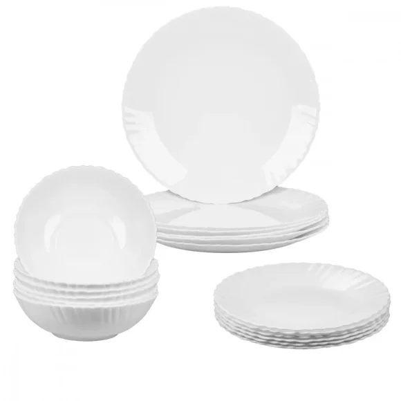 PRIMA DECO CARBO Komplet obiadowy 18 el dla 6 os / biały / karbowany rant / szkło hartowane