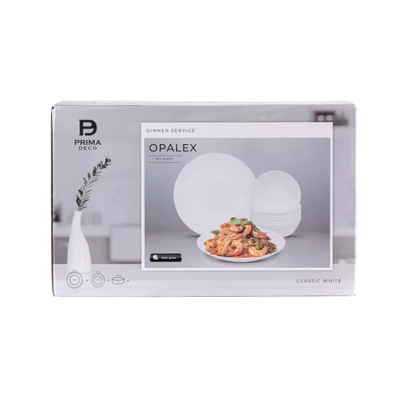 PRIMA DECO CLASSIC Komplet obiadowy OPALEX 18 el dla 6 os / z miseczką / biały / szkło hartowane