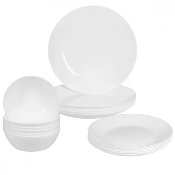 PRIMA DECO CLASSIC Komplet obiadowy OPALEX 18 el dla 6 os / z miseczką / biały / szkło hartowane