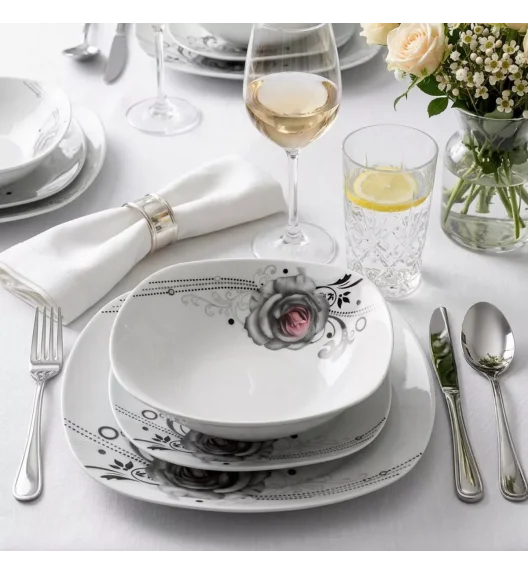 PRIMA DECO Komplet obiadowy 36 el dla 12 os SZARA RÓŻA / kwadratowy / porcelana
