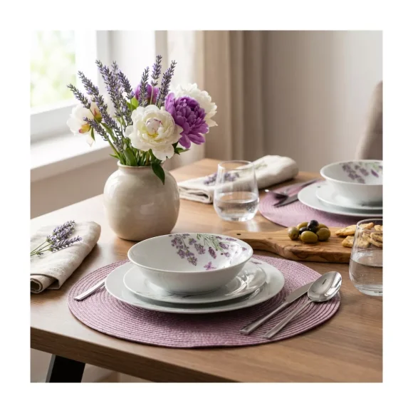 PRIMA DECO Komplet obiadowy 36 el dla 12 os LAWENDA / okrągły / porcelana