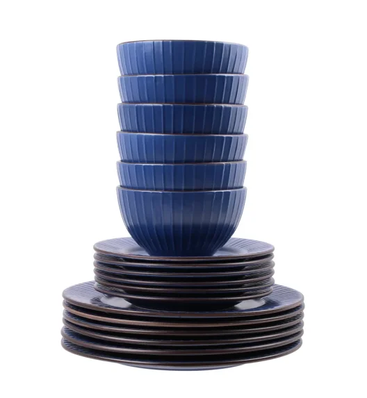 PRIMA DECO BRENTA Komplet obiadowy 36 el dla 12 os / kamionka / granatowy mat