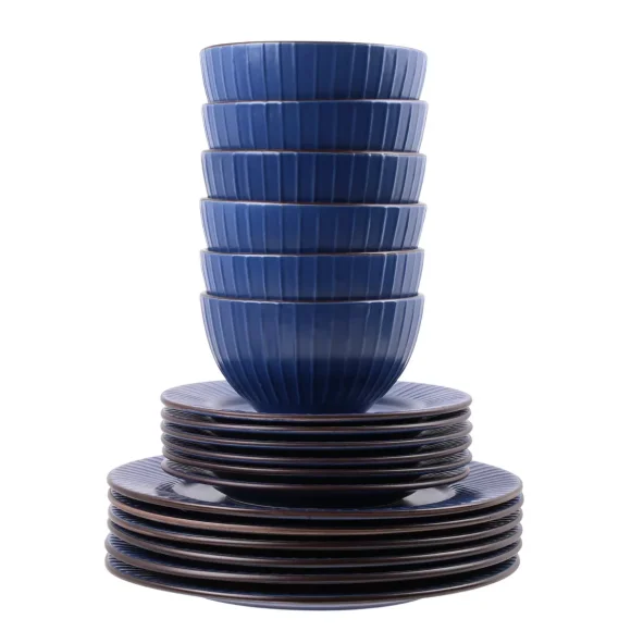 PRIMA DECO BRENTA Komplet obiadowy 36 el dla 12 os / kamionka / granatowy mat