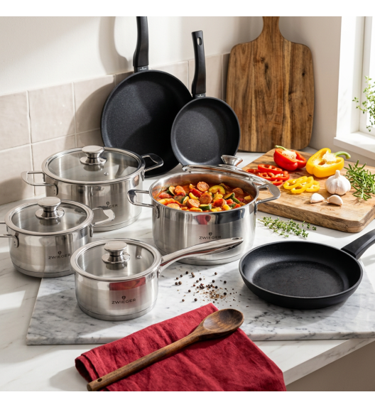 ZWIEGER CALDO Komplet garnki z pokrywkami 8 el + Patelnie 20, 24, 28 cm