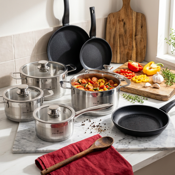 ZWIEGER CALDO Komplet garnki z pokrywkami 8 el + Patelnie 20, 24, 28 cm