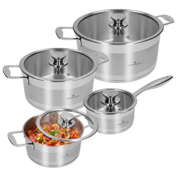 ZWIEGER CALDO Komplet garnki z pokrywkami 8 el (R16, 20, 24,28) + Brytfanna VERON