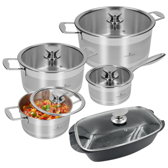 ZWIEGER CALDO Komplet garnki z pokrywkami 8 el (R16, 20, 24,28) + Brytfanna VERON