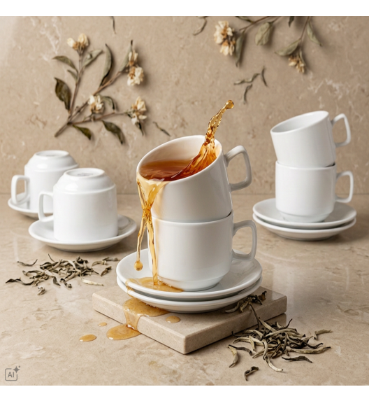 KAIA HOME BASIC Komplet 6 x Filiżanka 250 ml ze spodkiem 14 cm biała ceramika