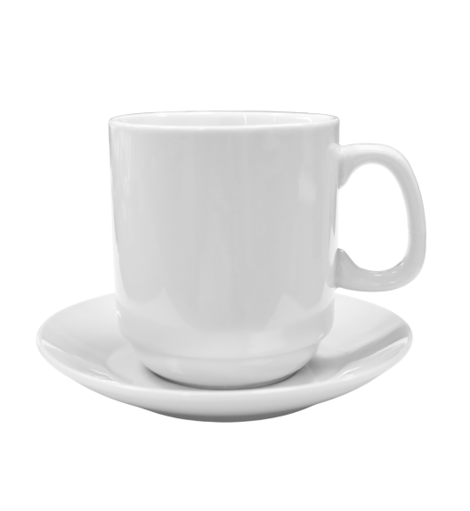 KAIA HOME BASIC Komplet 6x Filiżanka 280 ml ze spodkiem 14 cm do sztaplowania / biała ceramika