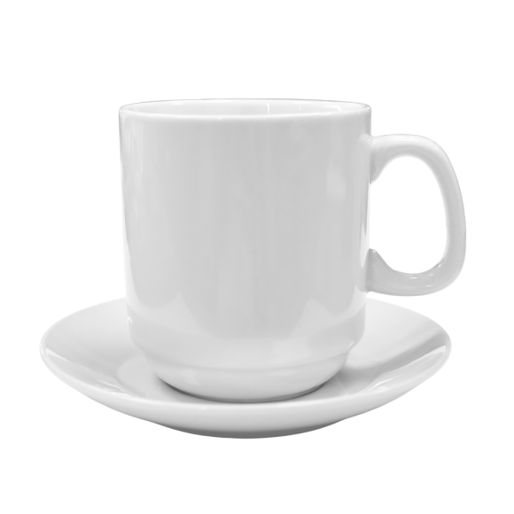KAIA HOME BASIC Komplet 6x Filiżanka 280 ml ze spodkiem 14 cm do sztaplowania / biała ceramika
