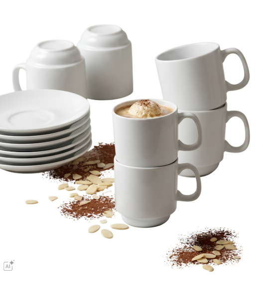 KAIA HOME BASIC Komplet 6x Filiżanka 280 ml ze spodkiem 14 cm do sztaplowania / biała ceramika