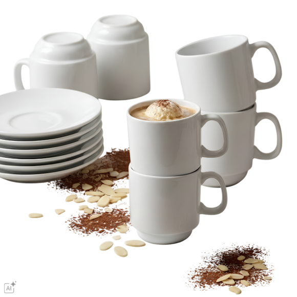 KAIA HOME BASIC Komplet 6x Filiżanka 280 ml ze spodkiem 14 cm do sztaplowania / biała ceramika