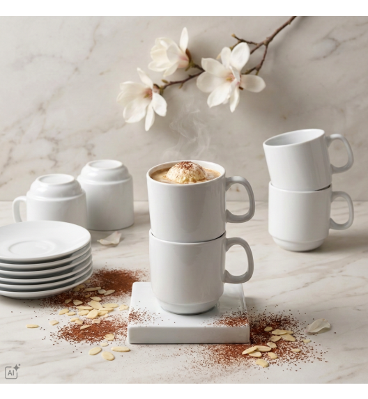 KAIA HOME BASIC Komplet 6x Filiżanka 280 ml ze spodkiem 14 cm do sztaplowania / biała ceramika