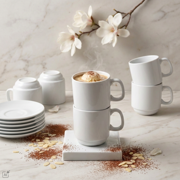 KAIA HOME BASIC Komplet 6x Filiżanka 280 ml ze spodkiem 14 cm do sztaplowania / biała ceramika