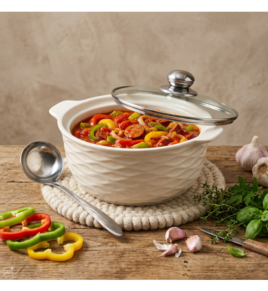 KAIA HOME KARO Waza 1,2 l ze szklaną pokrywką 18 cm ceramika ecru