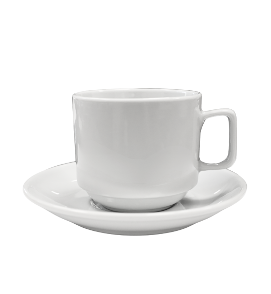 KAIA HOME BASIC Komplet 6 x Filiżanka 250 ml ze spodkiem 15 cm do sztaplowania / biała ceramika