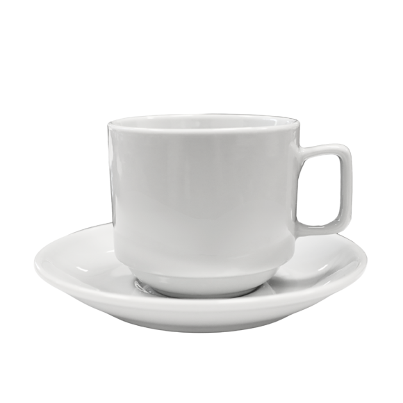 KAIA HOME BASIC Komplet 6 x Filiżanka 250 ml ze spodkiem 15 cm do sztaplowania / biała ceramika