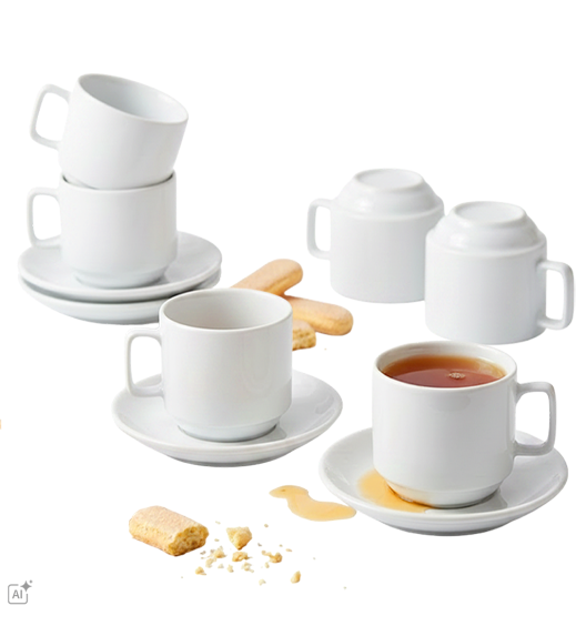 KAIA HOME BASIC Komplet 6 x Filiżanka 250 ml ze spodkiem 15 cm do sztaplowania / biała ceramika