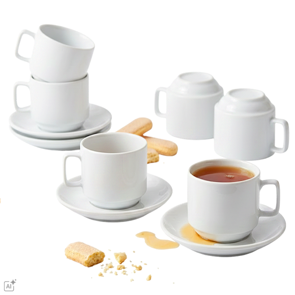 KAIA HOME BASIC Komplet 6 x Filiżanka 250 ml ze spodkiem 15 cm do sztaplowania / biała ceramika