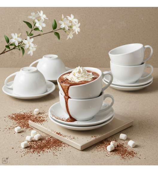KAIA HOME BASIC Komplet 6x Filiżanka 200 ml ze spodkiem 15 cm / biała ceramika
