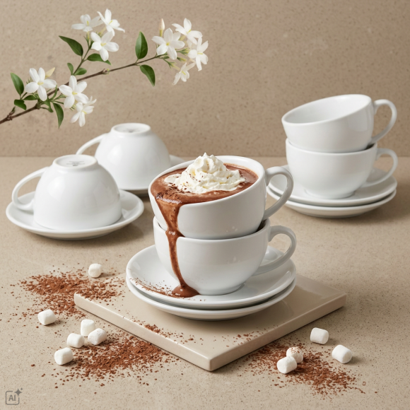 KAIA HOME BASIC Komplet 6x Filiżanka 200 ml ze spodkiem 15 cm / biała ceramika