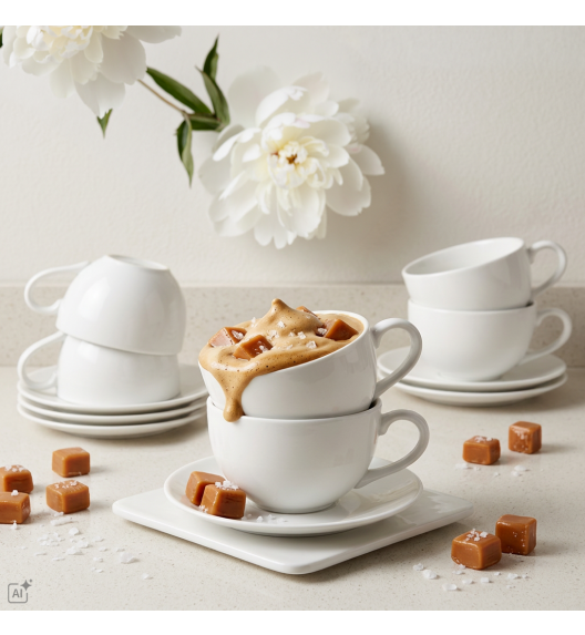 KAIA HOME AURA Komplet 6x Filiżanka 275 ml ze spodkiem 14 cm / ceramika ecru
