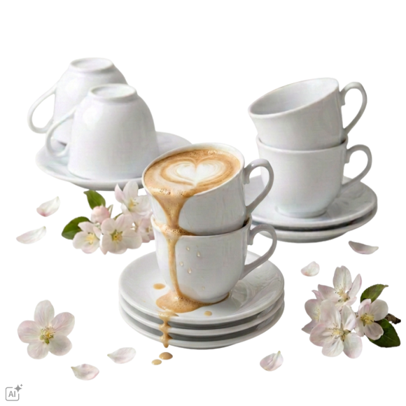 KAIA HOME Komplet 6x Filiżanka 200 ml ze spodkiem 15 cm / biała ceramika