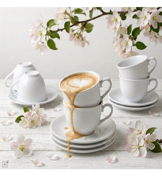 KAIA HOME Komplet 6x Filiżanka 200 ml ze spodkiem 15 cm / biała ceramika