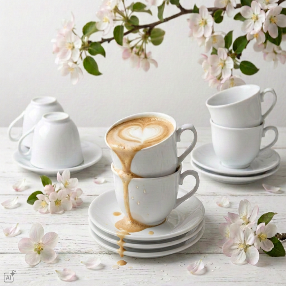 KAIA HOME Komplet 6x Filiżanka 200 ml ze spodkiem 15 cm / biała ceramika